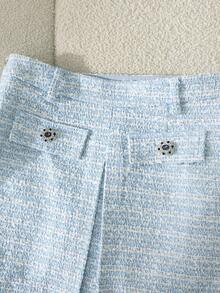 2 件套粗花呢短款夹克和迷你裙，仿口袋正面纽扣开合，优雅 - 淺藍色 - 查看 6