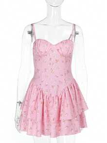 Robe courte décontractée simple à taille plissée et motif floral épars pour femmes, avec bretelles fines