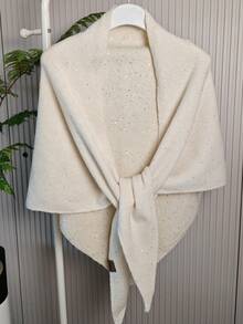 1pc New Sequin Wool Blend Triangle Scarf Shawl, Korean Minimalist Style Wrap Poncho, Warm Infinity Scarf For Dress - White - View 4