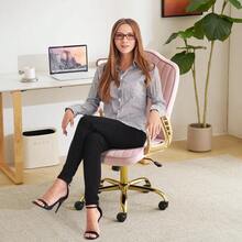 Velvet Home Office Chair With Gold Arms And Legs Comfortable Upholstered Tufted Swivel Desk Chair Comfy With Wheels For Girls Women Study Bedroom Living Room Pink - 粉色 - 查看 3