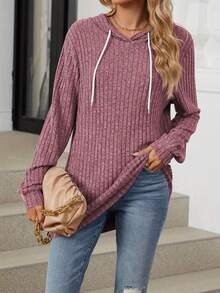 Women's Fall Casual Hoodies Solid Color Ribbed Long Sleeve Loose Sweatshirt Streetwear