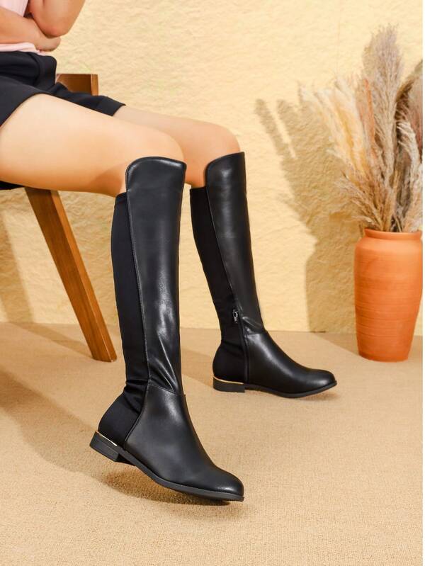 Knee Length Obsidian Black Boots, Unique Coldness, Shining And Supporting The Grand Stage Atmosphere, Punk Party Autumn/Winter