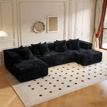 132''U-Shape Modular Sectional Couch Sofa, Boneless Sectional Couch Compressed Corduroy, Modern Sleeper Sofa For Living Room, Space-Efficient Design Convertible Corduroy Sectional Couch(3 Packages Shipping) - 黑色 - 查看 12