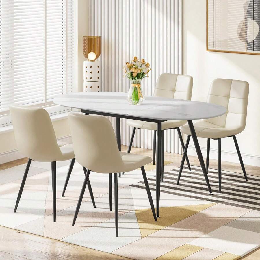 Luxstein Extendable Dining Table And Chairs Set Of 4, Oval Mable Effect Table With Upholstered Chairs (Beige PU, Set Of 4)