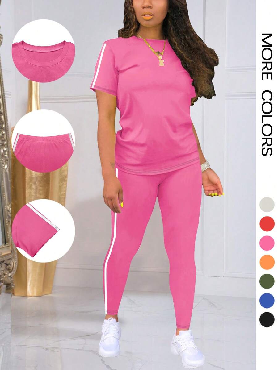 2pcs Striped Round Neck Short Sleeve Sports Top And Pants Set Summer Elegant - Hot Pink - View 1