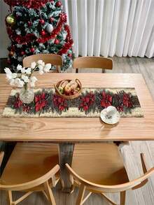 1pc, Retro Christmas Theme Table Runner With Red Poinsettia And Pinecone Design, Rectangular Holiday Dining Decor For Christmas, New Year, Winter Party Decoration, Christmas Table Ranner - متعدد الألوان - مشاهدة 6