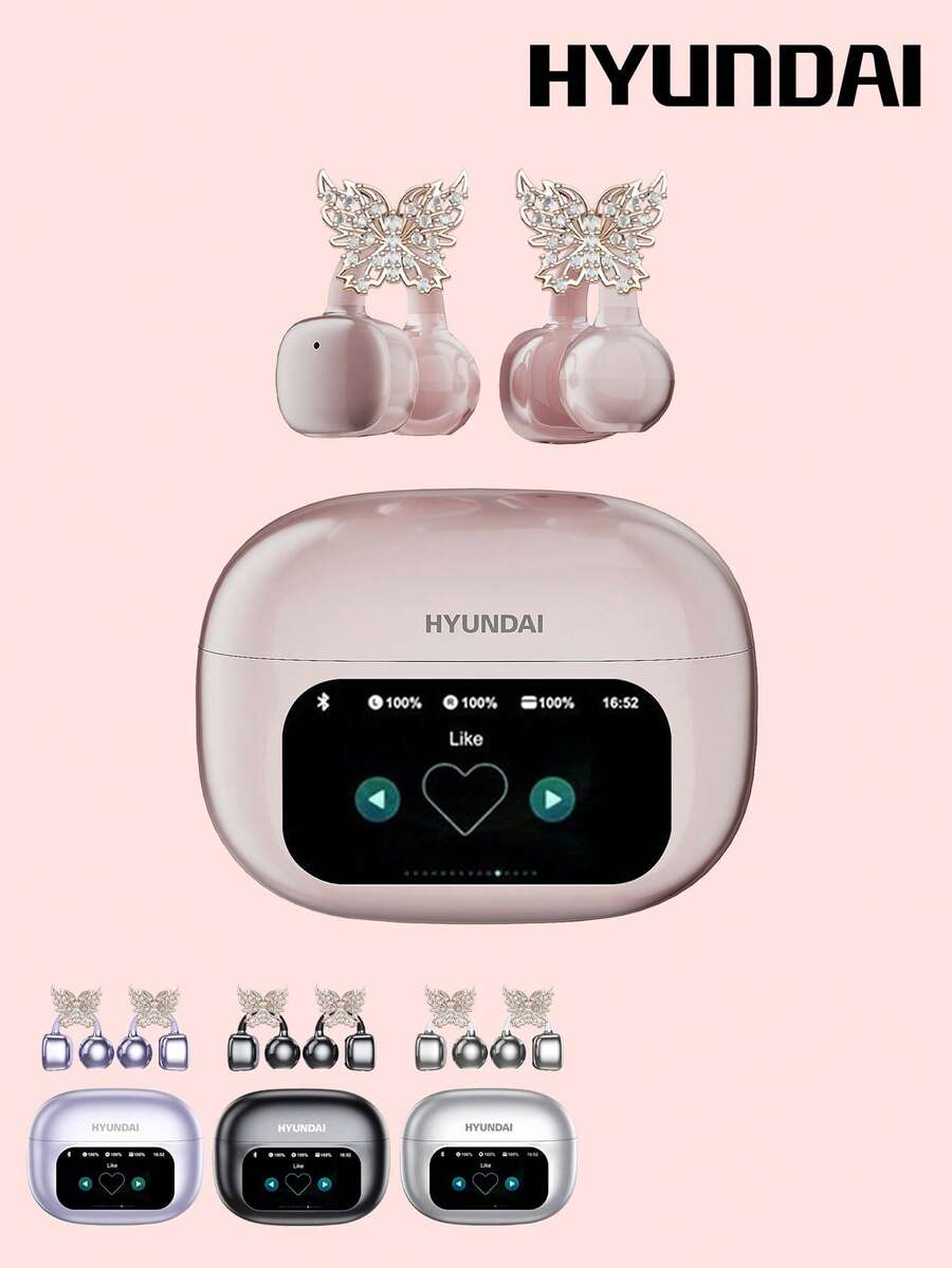 HYUNDAI 现代HY-C02时尚蓝牙耳机，配有蝴蝶耳夹，触控屏幕，多功能智能降噪，超长续航，高品质音乐和游戏体验，通话清晰，舒适的开放式无线耳机，无需耳洞，时尚耳饰，女士礼物 - 多色+玫瑰金蝴蝶耳飾 - 查看 1