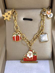 2 Stücke/1 Stück 18 Karat vergoldetes Edelstahl-Set mit Weihnachtsanhänger und Armband für Damen, süßer Weihnachtsmann-Rentierbaum, Weihnachtsgeschenk, Party-Geschenk, Muttergeschenk, Weihnachts- und Erntedankgeschenk, Schmuckgeschenk zum Jahrestag, Valentinstag, Boho-Schmuck, Alltagsparty