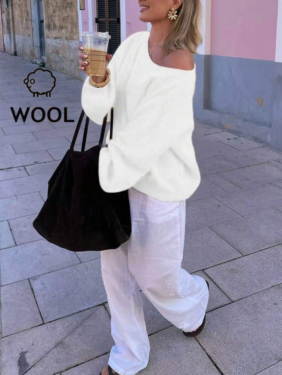 Áo len nữ Senya kiểu dáng rộng rãi, màu trơn, tay dài, trễ vai, màu hồng lãng mạn, chất liệu dệt kim dáng oversized. - trắng - Xem 1