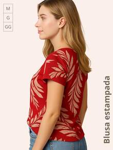 Loose Crepe Knit Blouse With A Round Neckline - 紅白色 - 查看 5