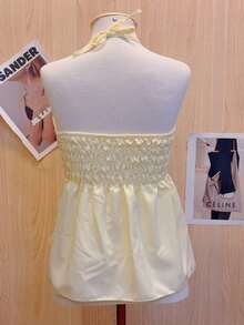 Butterfly Cropped Blouse With Ruffled Neck Tie - 黃色 - 查看 2