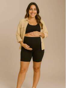 Shorts gestante bermuda grávida curta suplex maternidade suporte barriga alto conforto sustentação legging tamanho único curve e plus size - Preto - Visão 2