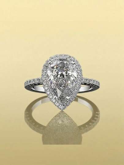 1 件优雅女士戒指，镶嵌铜锆石，1 克拉梨形结婚戒指，铂金女士订婚戒指