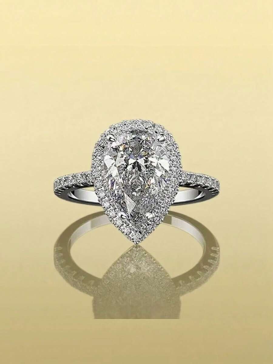 1 件优雅女士戒指，镶嵌铜锆石，1 克拉梨形结婚戒指，铂金女士订婚戒指 - 銀色 - 查看 1