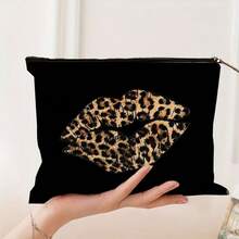 Bolsa de maquillaje con estampado de labios de leopardo gótico y estampado de calavera, bolsa de cosméticos con cremallera y bolsa de aseo - Estilo gótico oscuro bohemio de la academia, bolsa de medicina reutilizable con tema de terror, bolsa de almacenamiento de bolígrafos, bolsa de viaje y maquillaje - Para la escuela, la decoración del hogar de verano, la bolsa de aperitivos 9in*6in