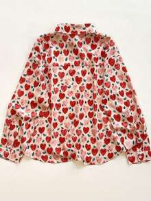 女士加大码爱心草莓印花长袖衬衫，休闲百搭，尽显甜美、纯真、可爱的春日气息 - 彩色 - 查看 3