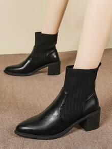 Botas Curtas de Malha e PU Recortadas Femininas, Botas Tipo Meia Estilo Fada, Bico Fino Salto Grosso Slip-On, Botas Tornozelo e Botinhas, Outono, Preto, Outono/Inverno