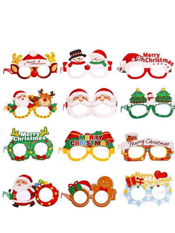 12pcs Christmas Paper Glasses For Children And Adults, Christmas Party Decoration, Reindeer Snowman Glasses Frame, Photo Props