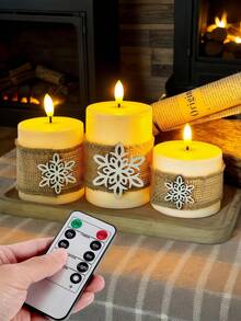 1 pieza/Set de 3 velas LED sin llama con control remoto y temporizador, velas LED, velas en pilar con discos de madera con copos de nieve, luces de vela, efecto de llama 3D, adecuado para boda, Navidad, decoración de jardín, fiesta, decoración del hogar, decoración de mesa, regalos