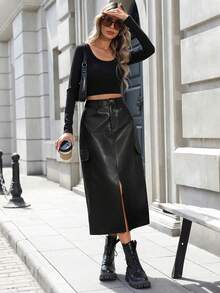 春夏音乐节中东百搭休闲时尚性感优雅女士 A 字型工装中长款 PU 裙