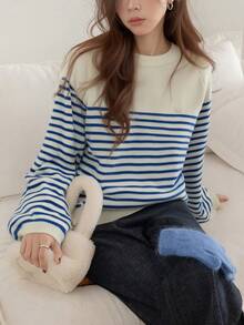 Alicedudu 女式法式条纹休闲圆领毛衣，秋冬 - 藍白色 - 查看 3
