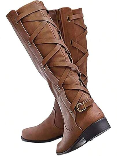 Womens Strappy Motorcycle Knee High Boots Winter Lace Up Riding Flat Low Heel Shoes,