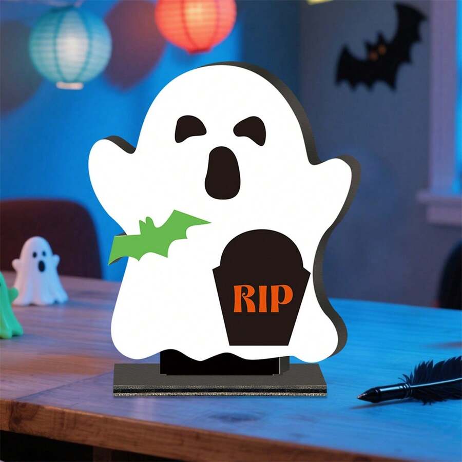 Halloween Wooden Ghost Decor Cute White Little Ghost Figurine For Desktop Home Yard Garden And More - White - View 1