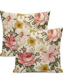 2pcs Spring Pillow Covers, Pink & Yellow Vintage Hibiscus Floral Pattern, Outdoor Decor, Summer Rustic Farmhouse Linen Fabric Sofa Cushion Covers, Single-Sided Design, Pillow Insert Not Included - Pink - View 9