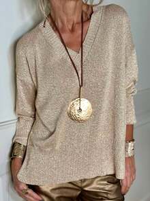 Plus Size Women Solid Color V-Neck Drop Shoulder Long Sleeve Casual Loose Knit Sweater, Autumn/Winter