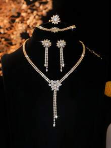 5 件奢华锆石花朵设计项链、耳环、手链、戒指首饰套装，优雅时尚配饰，适合女性日常通勤、宴会、派对 - 華麗輕奢項鍊套裝 - 查看 8