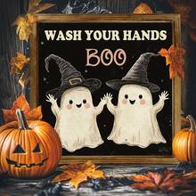 Charming "Wash Your Hands" Theme Halloween Wooden Sign | Rustic Style 20.32x20.32 Cm Framed Decor, Featuring Cartoon Ghosts And Pumpkins | Durable, Fade-Resistant, Suitable For Home, Bathroom, Living Room | Ideal Autumn Gift And Halloween Decoration - Multicolor - View 6