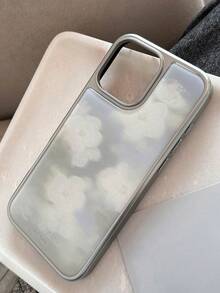 GUCADI 1pc Electroplated Silver Edged Hazy White Floral Oil Painting Style Resin Hard Case, Artistic & Elegant Aesthetic Phone Case Compatible With Apple 16/15/14/13 Series Waterproof Shockproof Anti-Fall Scratch Resistant - Multicolor - View 9