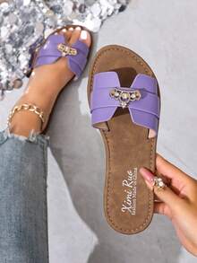 Korean Style Casual Flat Slide Sandals For Women, Open Toe, Woven Roman Style, Suitable For Spring, Summer, Beach, Vacation, Pair With Dresses, Flat, Brown - Purple - View 1