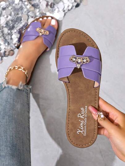 Korean Style Casual Flat Slide Sandals For Women, Open Toe, Woven Roman Style, Suitable For Spring, Summer, Beach, Vacation, Pair With Dresses, Flat, Brown