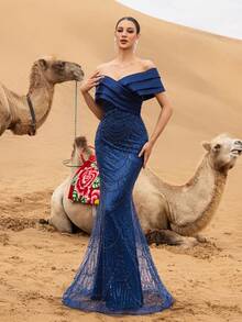 Faeriesty Haute Glamour Luxury Sparkly Beaded Mermaid Evening Gown With Off-Shoulder Crisscross Drape – Wave Beadwork & Fitted Silhouette For High-Fashion Galas & Celebrity Premiere Events For Women