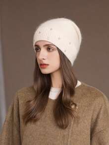 1pc Women's Rabbit Fur Knit Rhinestone Beanie Hat, Autumn/Winter Warm Thick Windproof Ski Cap, Fashionable & Versatile