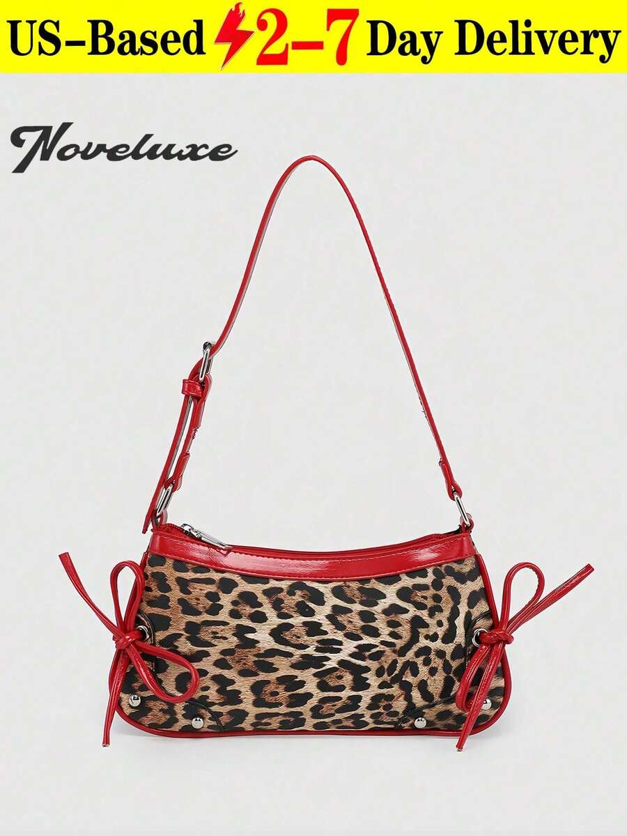 1pc Retro Lace Up Bow Decor Crossbody Shoulder Armpit Satchel Bag, Suitable For Dates, Outings, Parties, Fashionable Bow Purse For Women.Baguette Bag.Gothic Clutch For Halloween.Slim Profile Crossbody.Leopard Print Bag .Can Be Used As Valentine's Day, Thanksgiving, Halloween,Christmas Gift.Fashionable Leopard Print Women's Crossbody Bags, Shoulder Bags And Handbags, Adjustable Shoulder Straps,Retro And Elegant, Suitable For Everyday And Formal Occasions, Essential For Everyday Dates, And Ideal For Commuting And Travelling. - 多色 - 查看 1