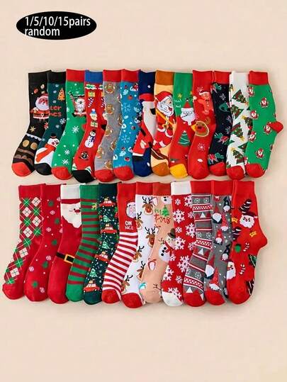1/5/10/15 pares de calcetines navideños aleatorios, calcetines de media caña con estilo europeo y americano lindos para hombres y mujeres, otoño/invierno