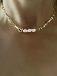 STYLEVER 1 件金色 A-Z 首字母项链，螺丝双扣链，单锆石八角形吊坠链，恶魔眼珍珠链，不锈钢链，万圣节和圣诞节礼物，适合女性 - 金黃色 - 查看 7