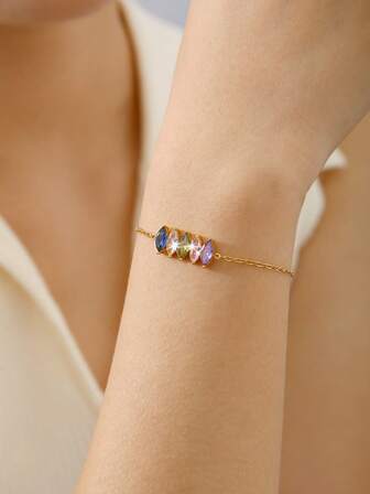 TONSI 1 件韩式小众设计多巴胺风格时尚简约 18K 镀金不锈钢几何图案镶嵌水钻手链，适合女性在夏季、节日、生日、工作、日常、派对、聚会时佩戴