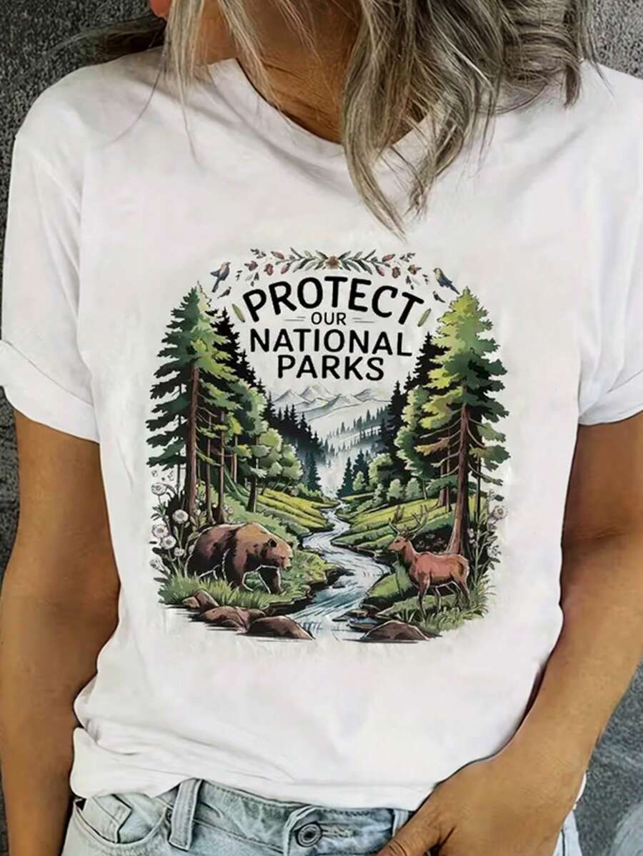 100% Cotton, Women's White Short-Sleeved T-Shirt, Printed With The Text Pattern "Save Our National Parks", Casual And Loose Fit, Machine Washable, Breathable Printed T-Shirt, Casual Clothing, Adult Top - 白色 - 查看 1