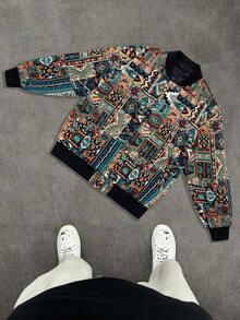 Men's IN Street Style Vintage Colorful Printed Rave Long Sleeve Cropped Stand-Up Collar Jacket , Button Up Jacket , Varsity Jacket Men, Men Jacket , Motorcycle Jacket,Fall And Winter Men Going Out Fashion Colorful Graphic Jacket, For Friends, Husband, Boyfriend Gifts - 黑色 - 查看 9