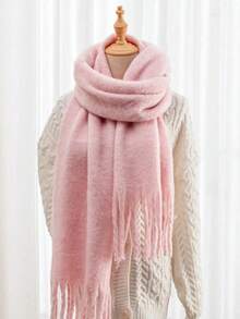 1pc Solid Color Scarf, Warm Neck Accessory, Thick Knitted Fringed Shawl, Wearable For Winter - 淺粉色 - 查看 5