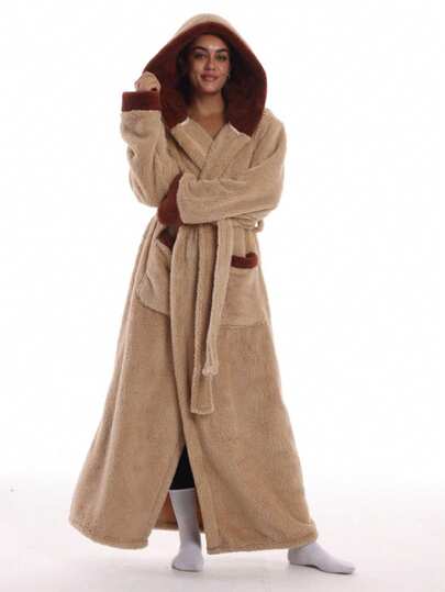 1 套卡其色男女通用纯色连帽柔软毛绒羊毛睡袍 - 冬季加厚保暖长款家居服套装，超温暖舒适穿着，配有可调节腰带和深侧袋，适合休闲居家、舒适的电视之夜、寒冷天气下快速购物跑步和散步，防寒情侣睡衣，男女皆宜