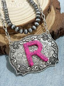 Women's Vintage European & American Bohemian Style Rose Red Turquoise English Initial Double Layer Necklace, 18-Inch Pearl + 20-Inch Rectangular Alloy Pendant, Suitable For Daily Wear, Dates, Theme Parties, You Will Get Many Compliments From Friends When Wearing It - Hot Pink - View 24
