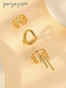 3pcs/Set 18K Gold Stainless Steel Minimalist Butterfly, Line & Geometric Open Ring Set, Suitable For Women's Daily Wear