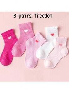 3/5/8 双女孩喜爱的中筒袜，女孩短袜，可爱的粉色心形组合，适合所有季节和日常生活，学校袜，派对袜，礼物袜，新年袜 - 彩色 - 查看 20
