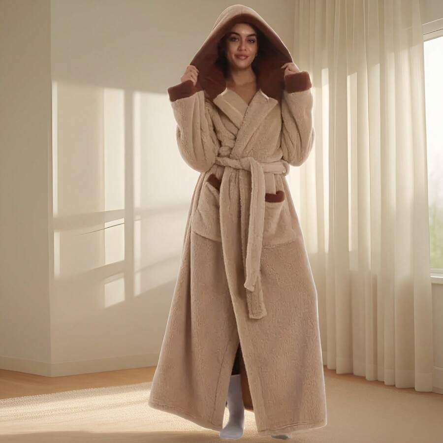 New Autumn/Winter Hooded Robe, Unisex Casual Loose Warm Fleece Bathrobe, Sleepwear, Soft Plush Long Sleeve Robe For Lounging