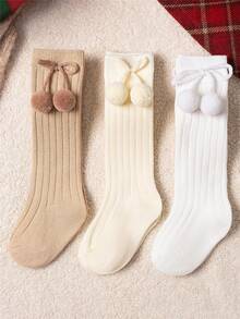 3 pares/lote Calcetines altos de estilo británico para niñas pequeñas con pompones de cereza, calcetines de tubo estilo princesa para niños de 0 a 3 años - Multicolor - Ver 10