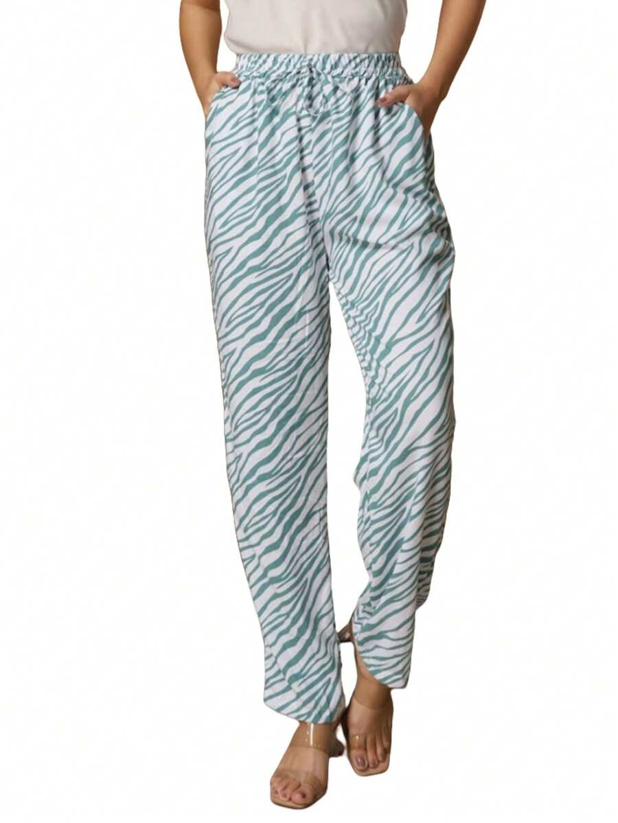 Tiger Print Animal Print Pocket Mesh Drawstring Holiday - Màu xanh nước - Xem 1